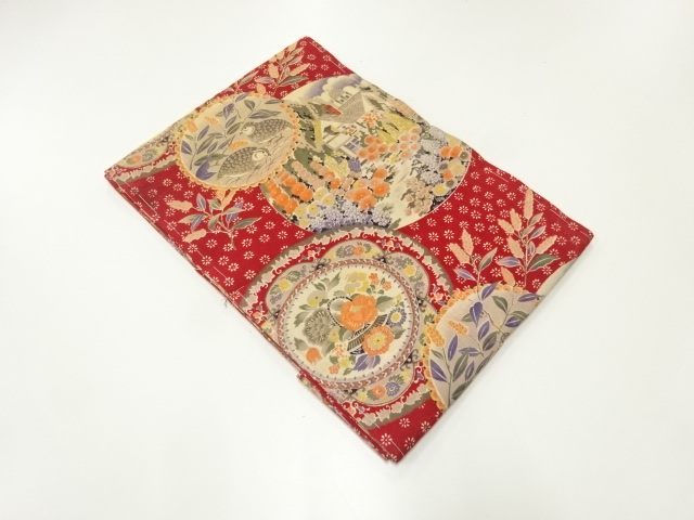 アンティーク　絵皿に鶉・異国風景模様名古屋帯（着用可）